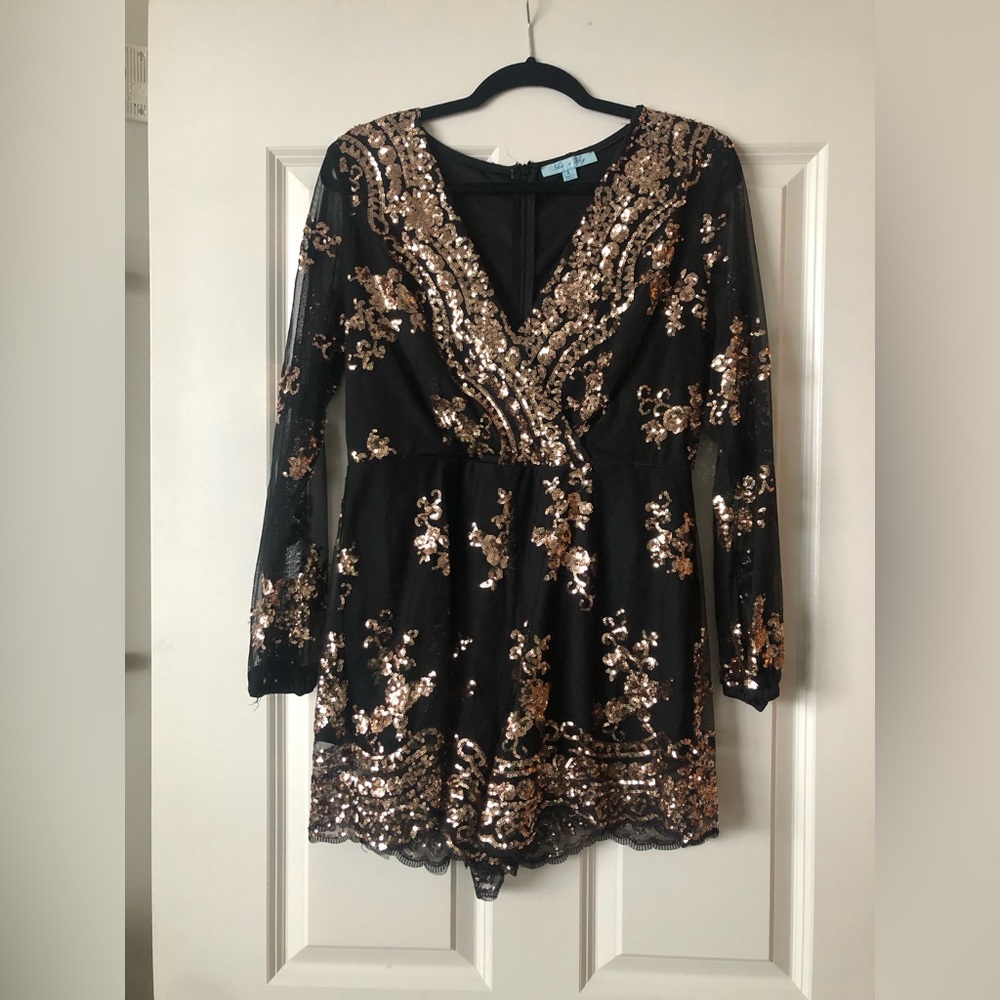 She & Sky Black and Gold Long Sleeve Short Romper